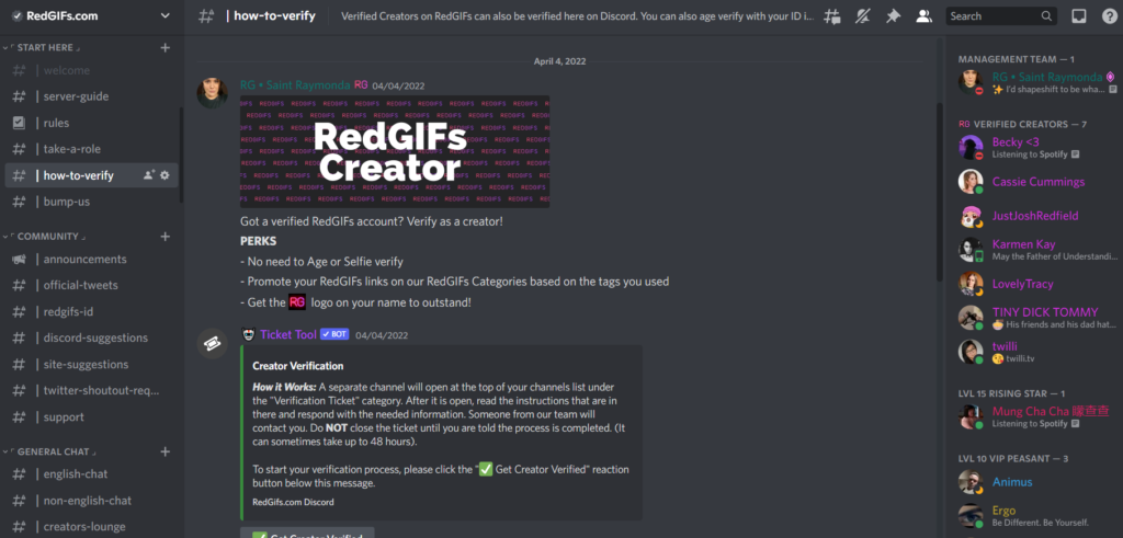 Screenshot of RedGIFs Discord server showing you how to get verified.