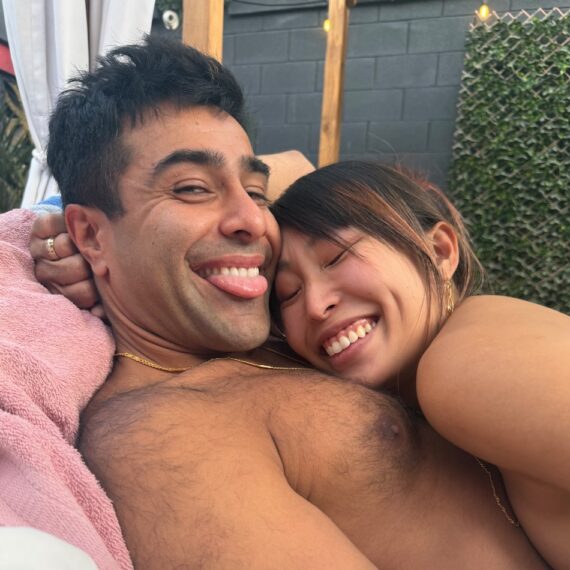 shirtless couple snuggling