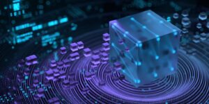 Abstract 3D illustration of data blocks transferring between digital cubes, representing data processing or blockchain technology