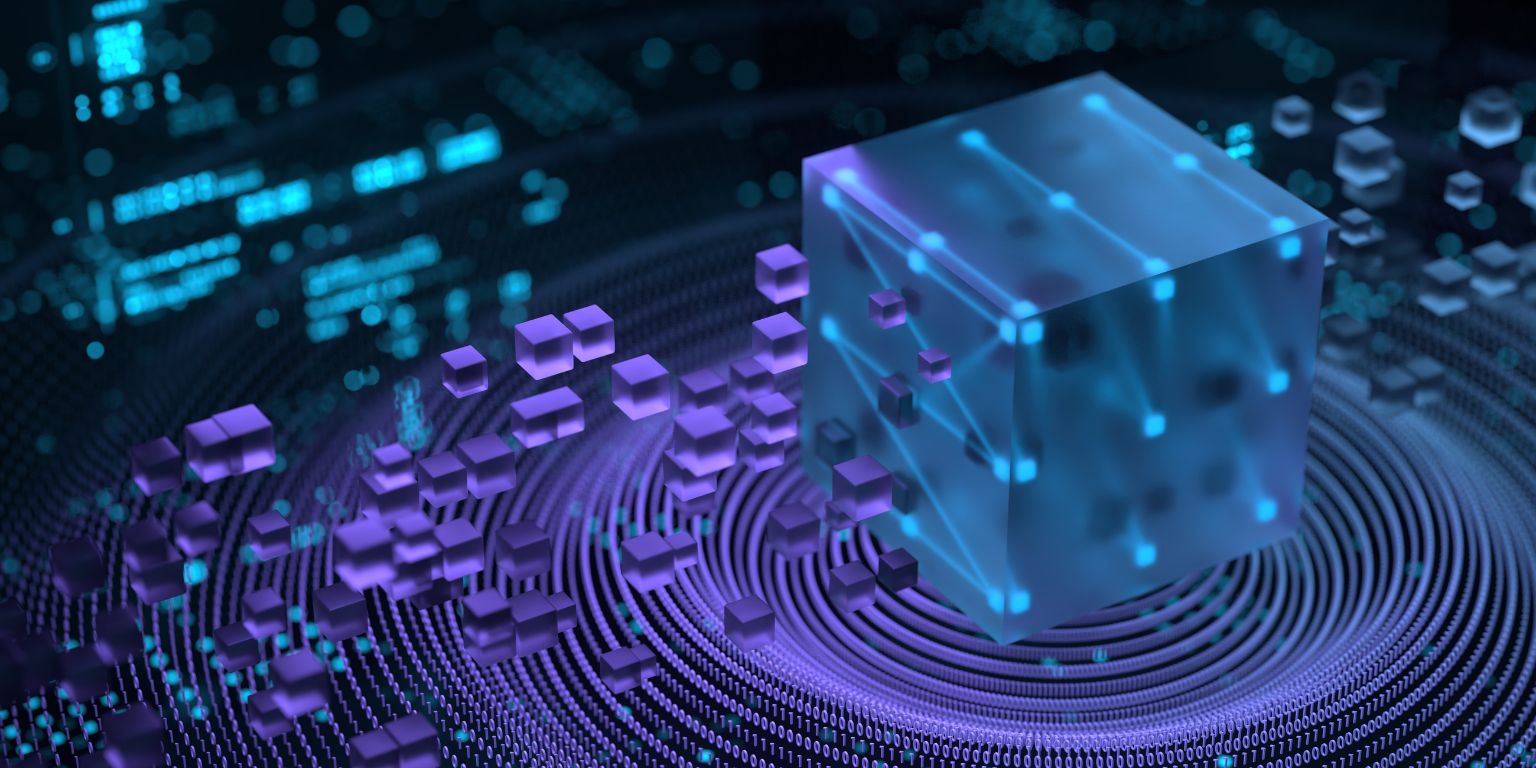 Abstract 3D illustration of data blocks transferring between digital cubes, representing data processing or blockchain technology