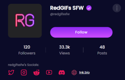 RedGIFs profile with Twitter, Instagram, Reddit, Youtube, Discord and personal link.